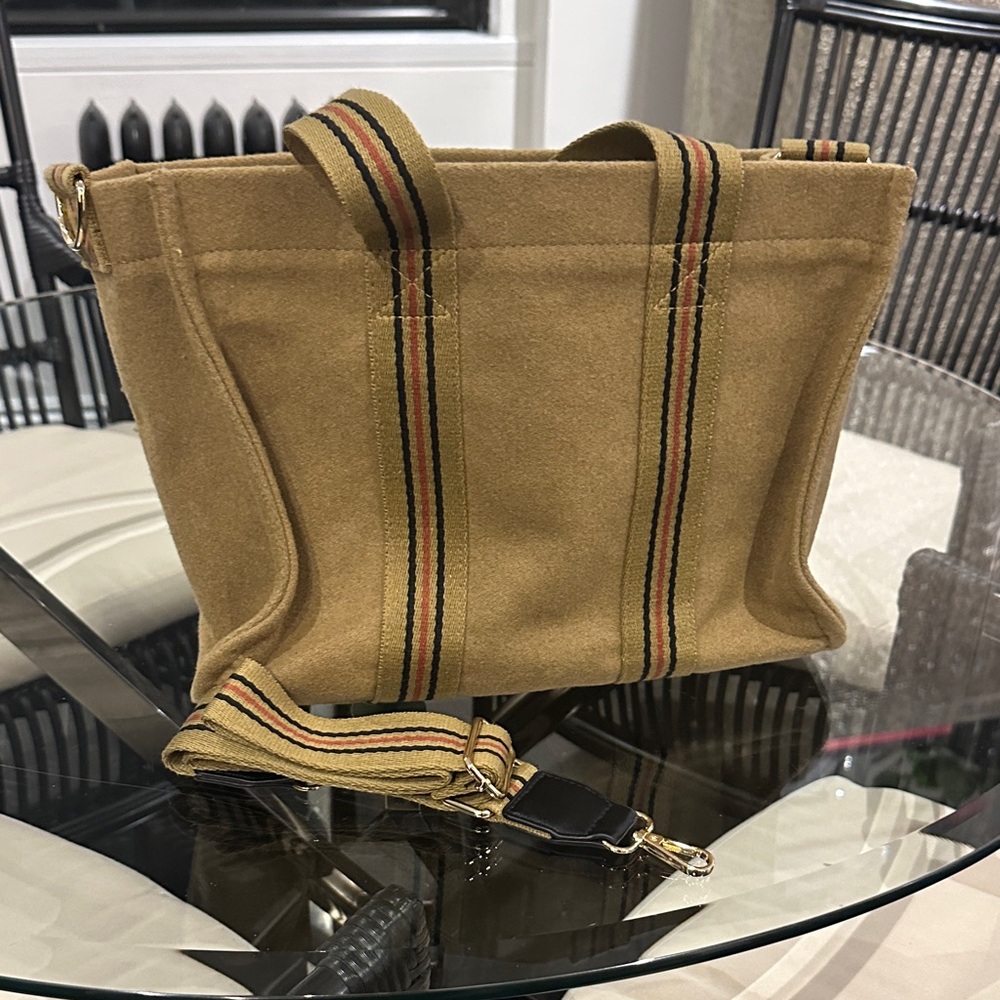 Elegant Tan/Olive Tote with Striped Strap